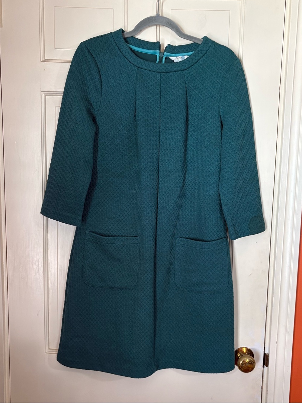 Boden Ottoman Ribbed Shift Dress Green 3/4 Sleeve Pockets Women's 10R Classic